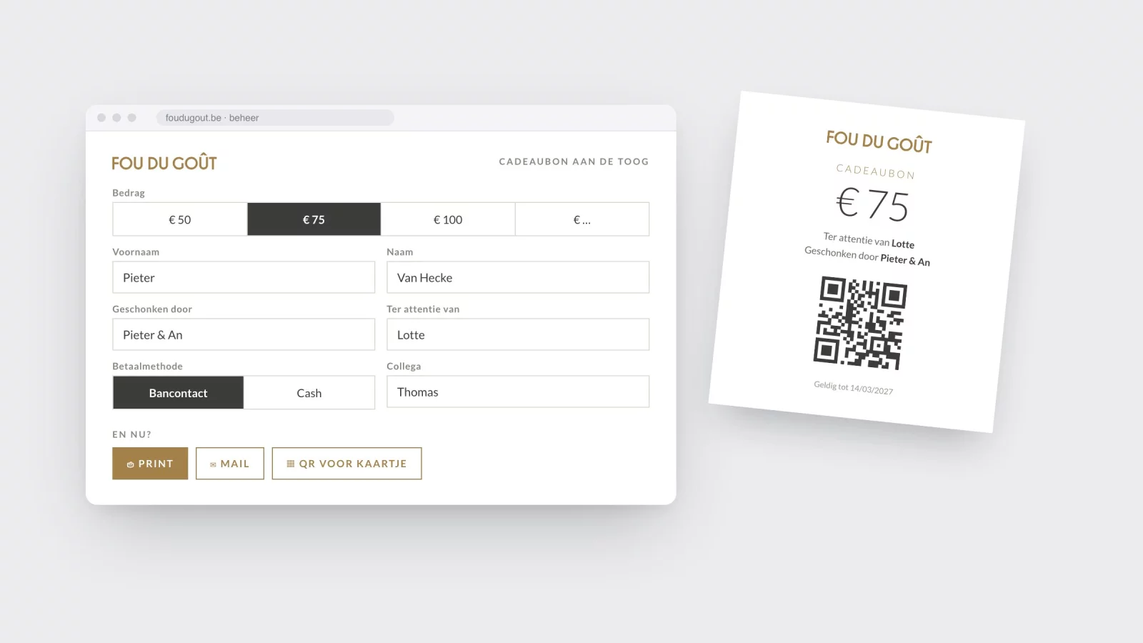 Het beheerscherm om aan de toog een cadeaubon aan te maken, met bedrag, namen, betaalmethode en collega, naast de geprinte bon