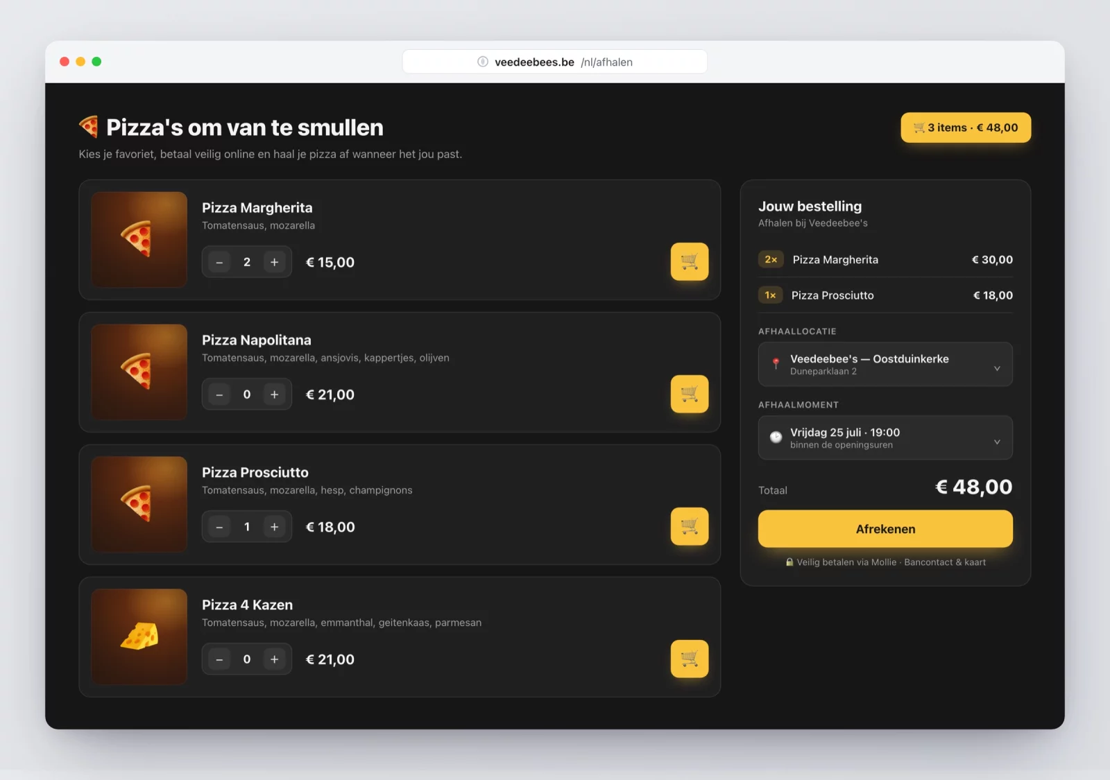 De afhaalwebshop van Veedeebee's: pizza's kiezen, afhaallocatie en -moment instellen en online betalen