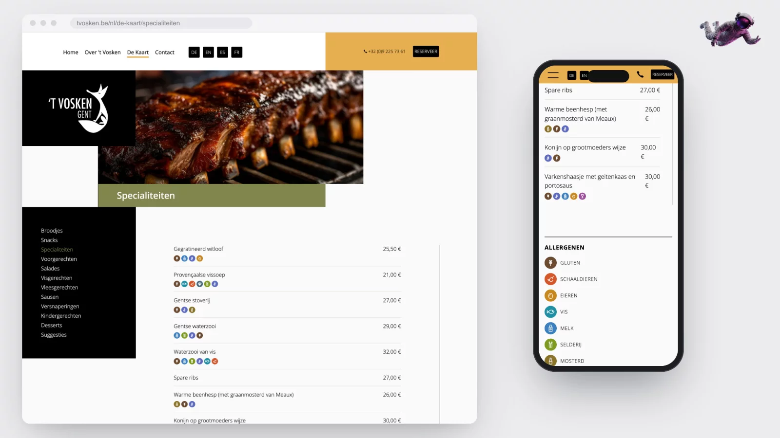 De pagina Specialiteiten op tvosken.be in een browservenster, met naast elk gerecht gekleurde allergeenbolletjes, en dezelfde pagina op een gsm met de legende eronder