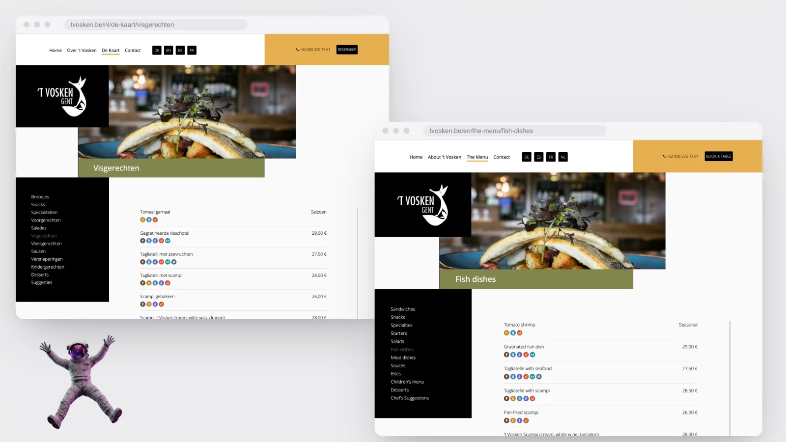 Twee browservensters met dezelfde pagina visgerechten van tvosken.be, links in het Nederlands en rechts in het Engels
