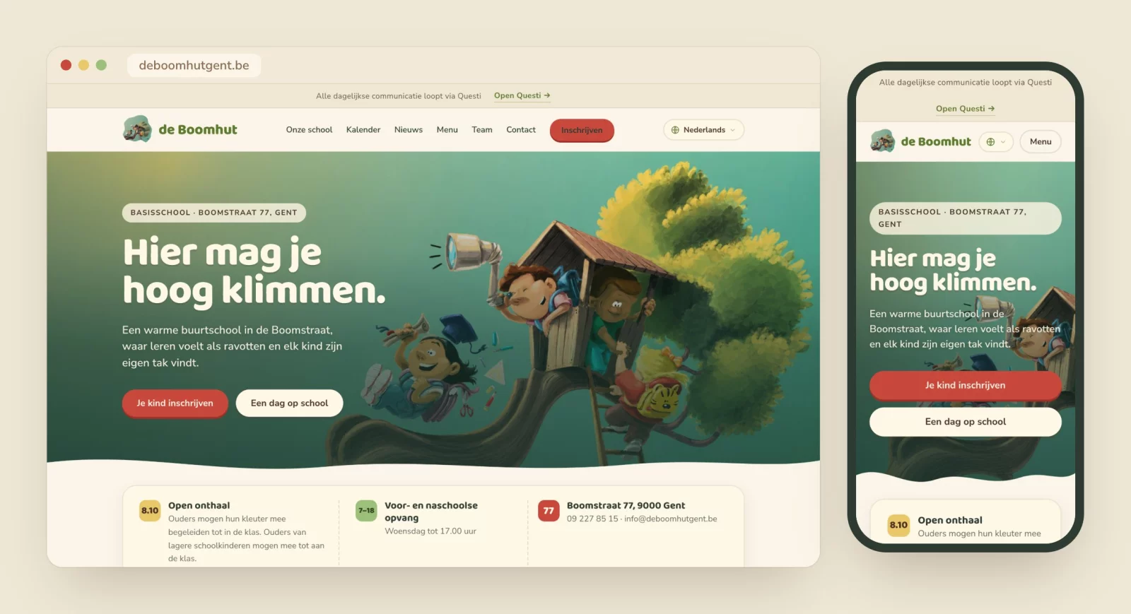 The deboomhutgent.be homepage on desktop and mobile