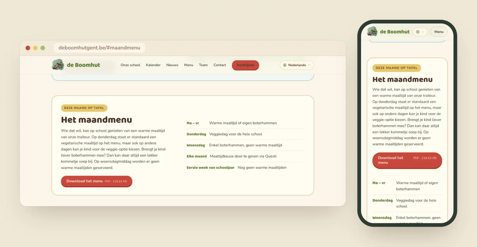 The monthly menu on the homepage
