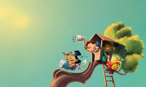 De boomhut van De Boomhut, ge&iuml;llustreerd door Okke Bogaerts: kinderen met een verrekijker, op een glijdende tak en op de ladder