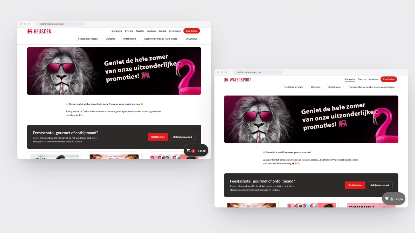 De homepages van Delhaize Heusden en Delhaize Watersport naast elkaar in twee browservensters