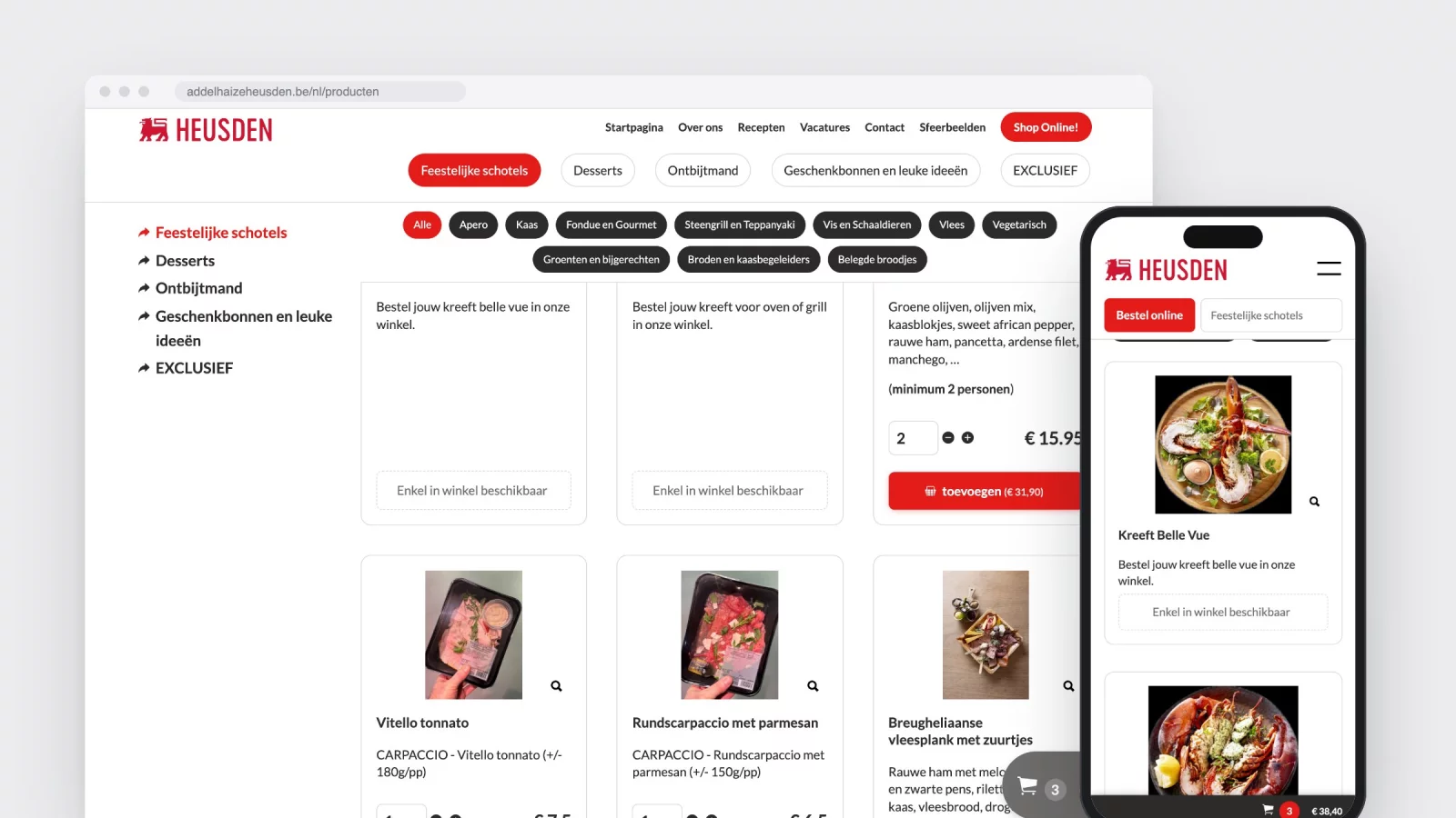 De productlijst van de webshop met filters per soort en prijzen per schotel, op desktop en gsm