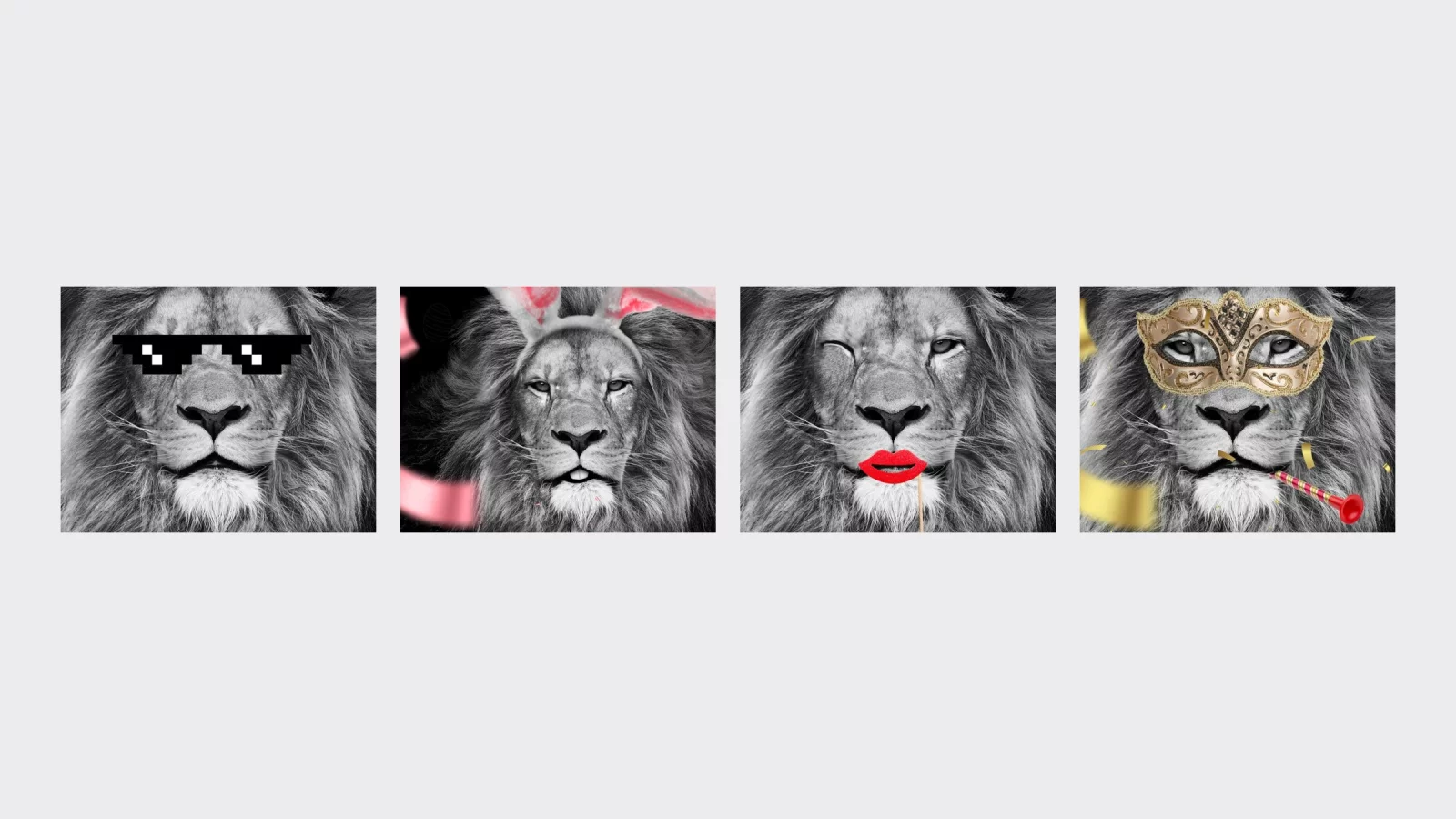 Vier seizoensbanners met dezelfde leeuwenkop: met zonnebril, met konijnenoren, met lippenstift en met carnavalsmasker