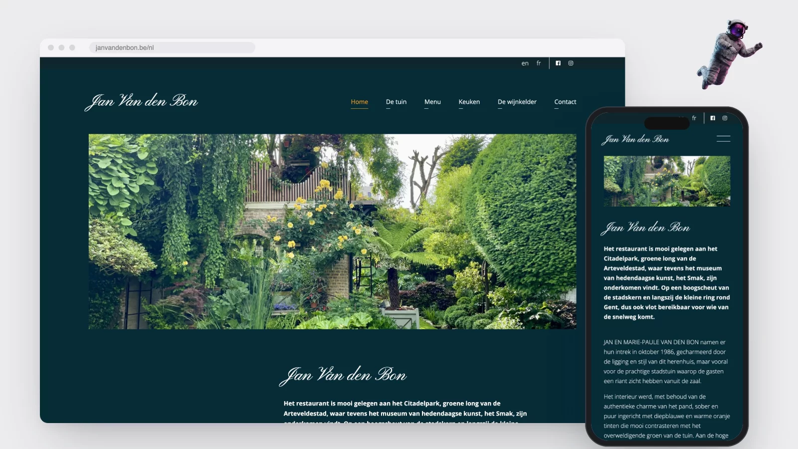 The janvandenbon.be homepage in a browser window and on a phone, with a wide garden photo on a deep blue background