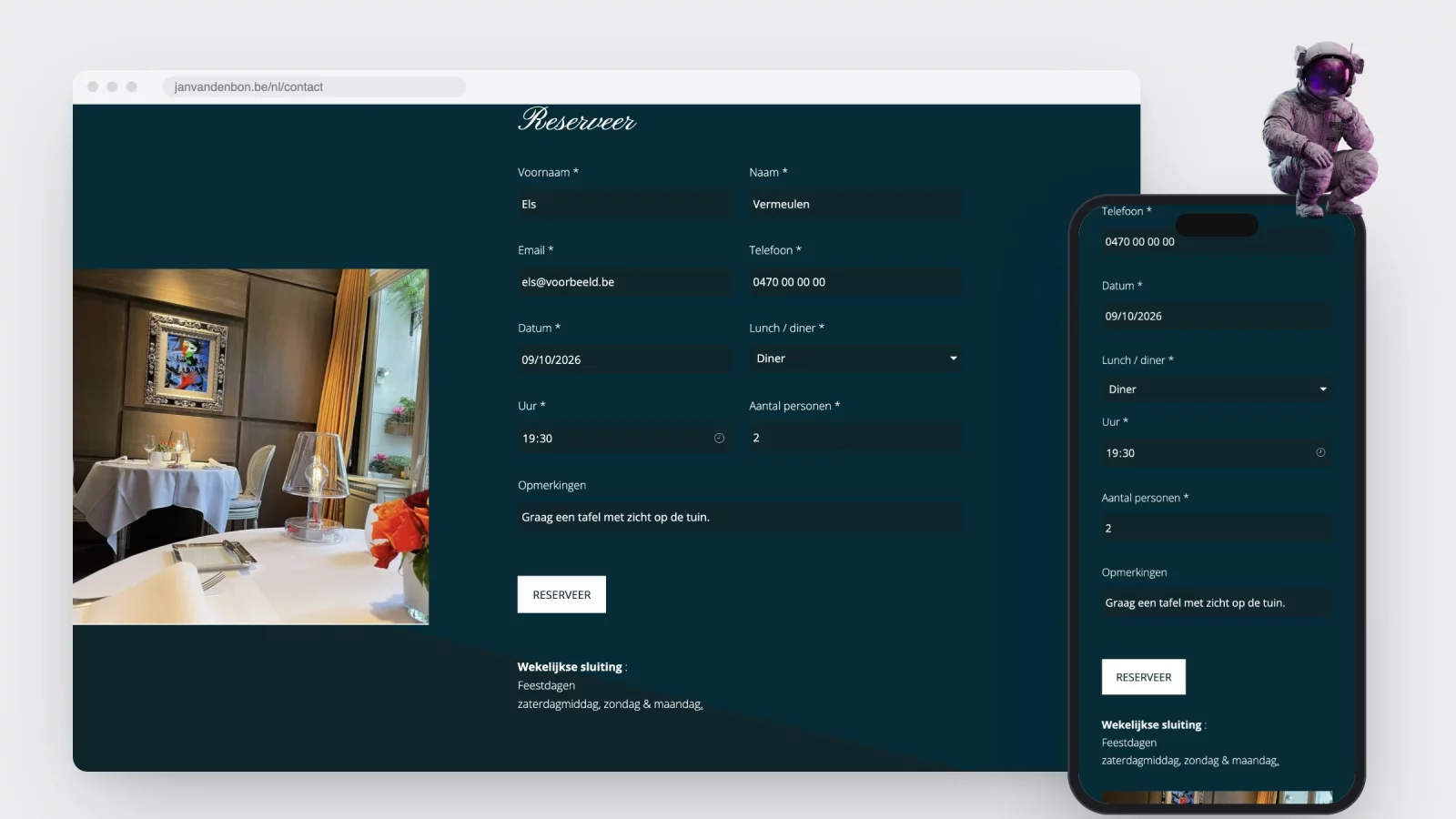 The filled-in booking form of janvandenbon.be on screen and on a phone, showing date, dinner, time and number of guests