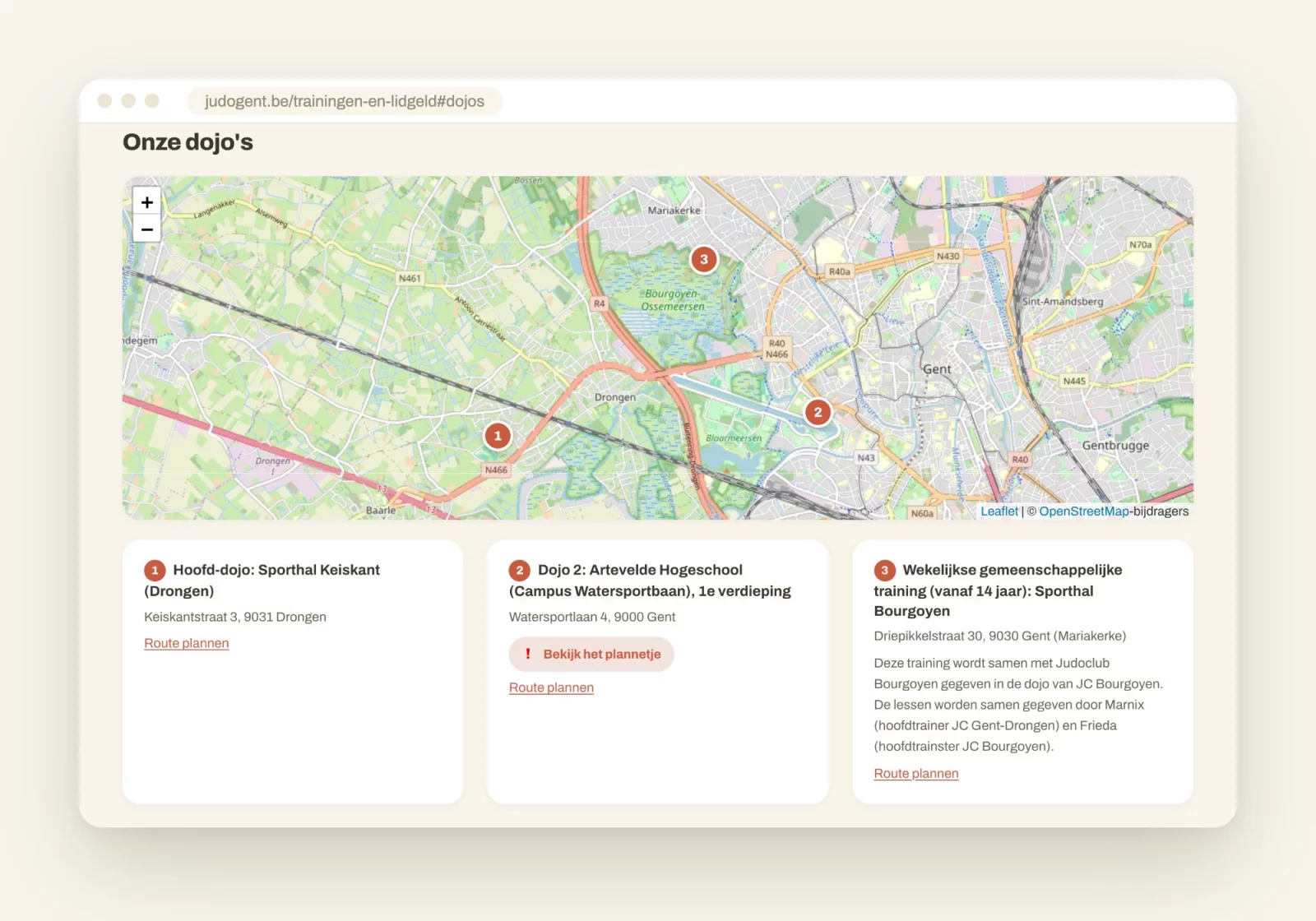 Map showing the three dojos of Judoclub Gent-Drongen
