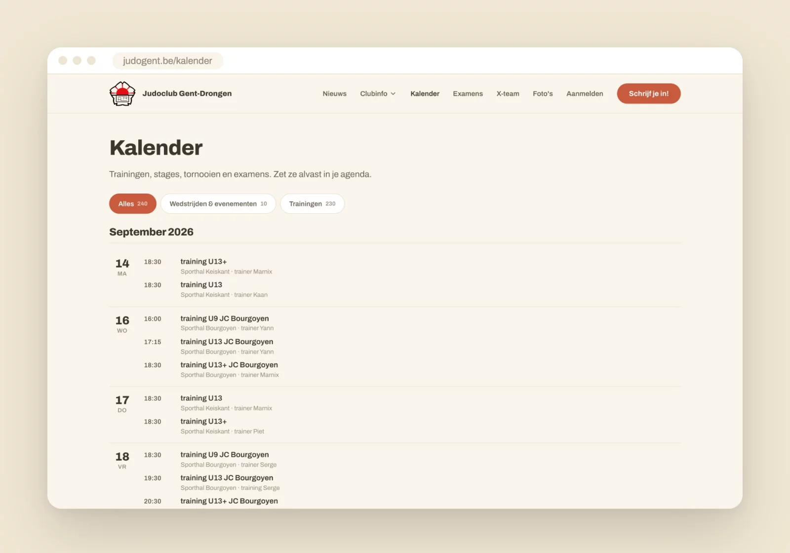 The club calendar on judogent.be with filters for competitions and training sessions