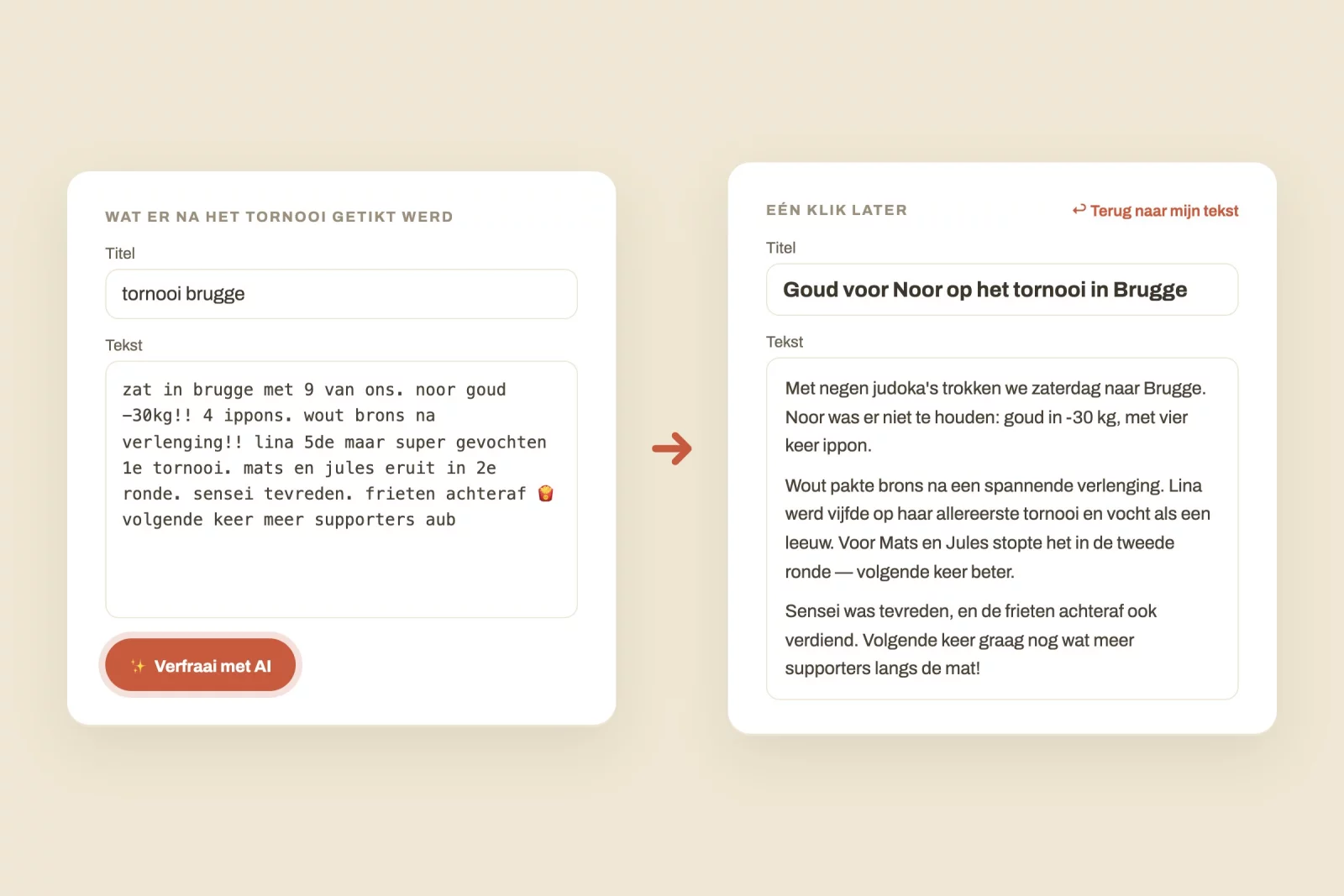 A quickly typed tournament report next to the polished version with a headline