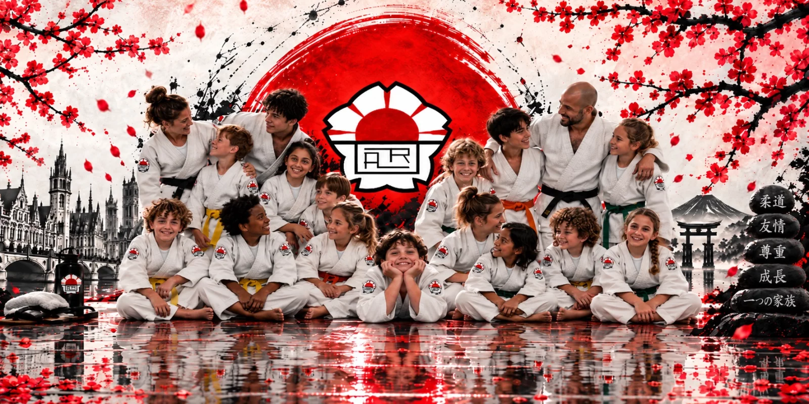 Judoka from Judoclub Gent-Drongen in white judo suits around the red club emblem