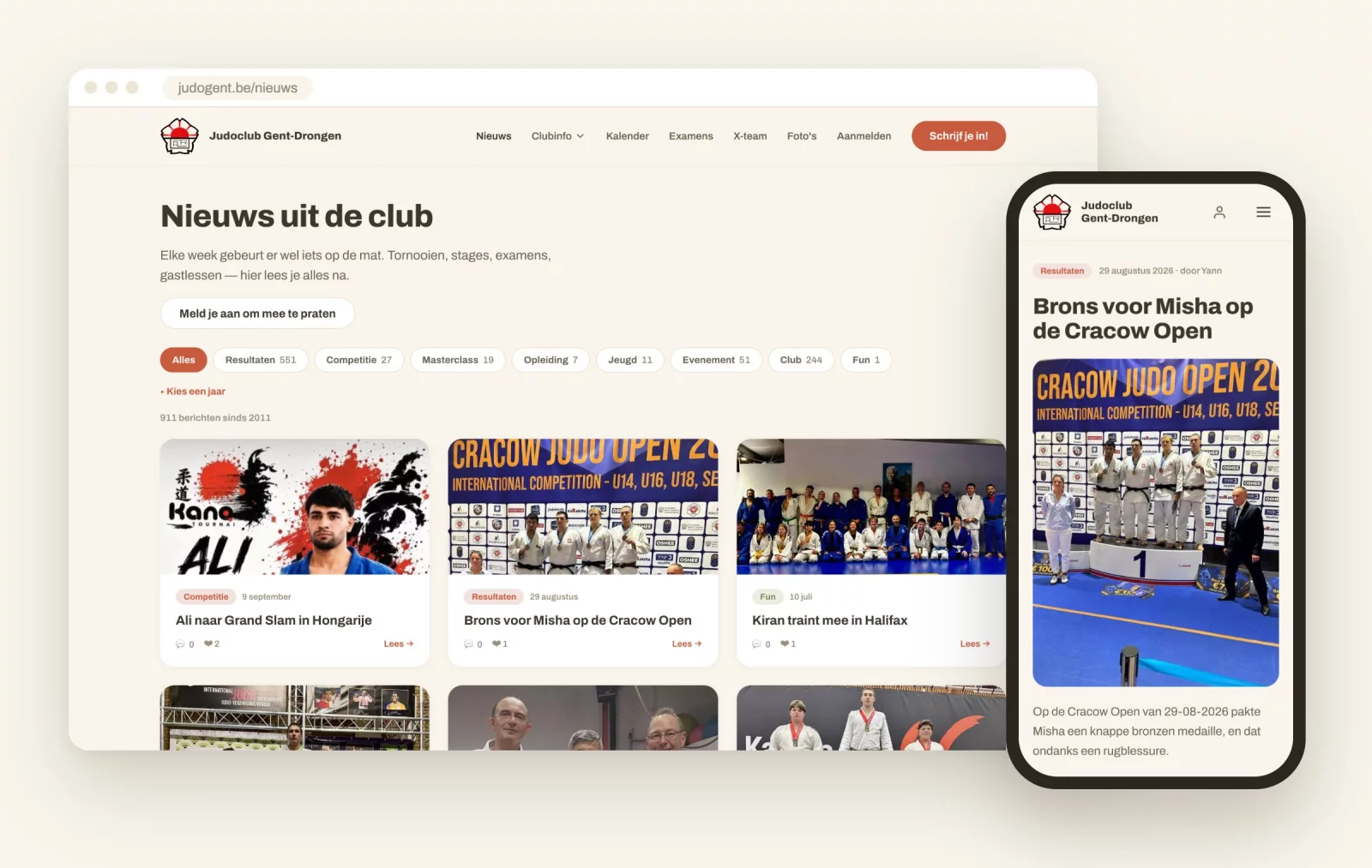 The judogent.be news overview with category filters, and an article on a phone