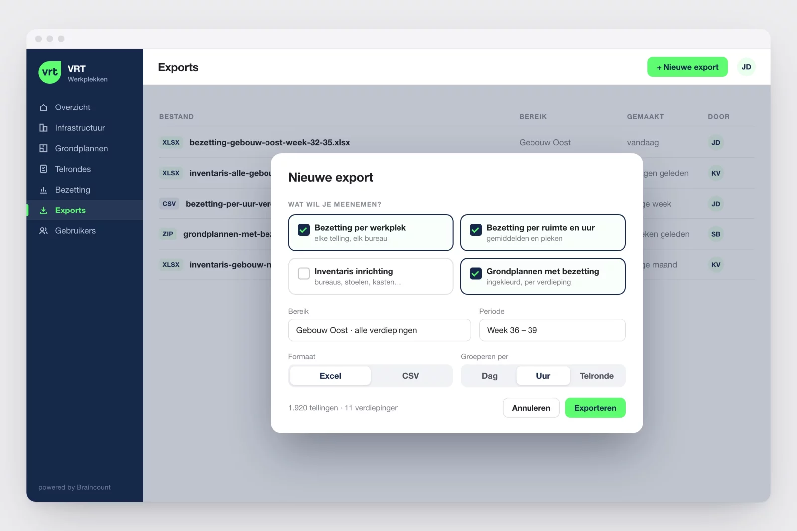 Het exportvenster van Braincount met keuze uit datasets, bereik, periode en formaat