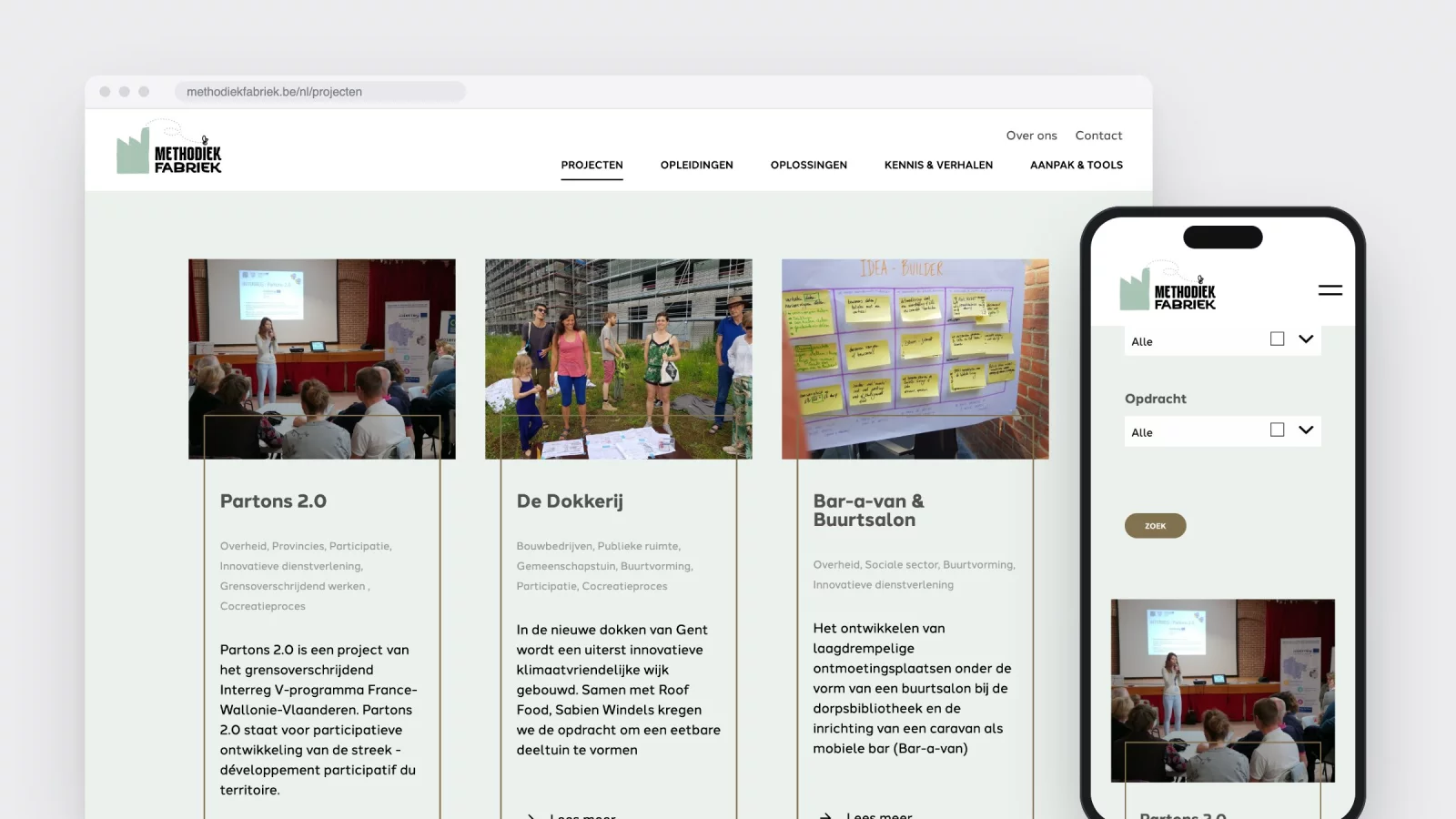 De projectenpagina van methodiekfabriek.be met filters op sector, thema en opdracht, op desktop en gsm