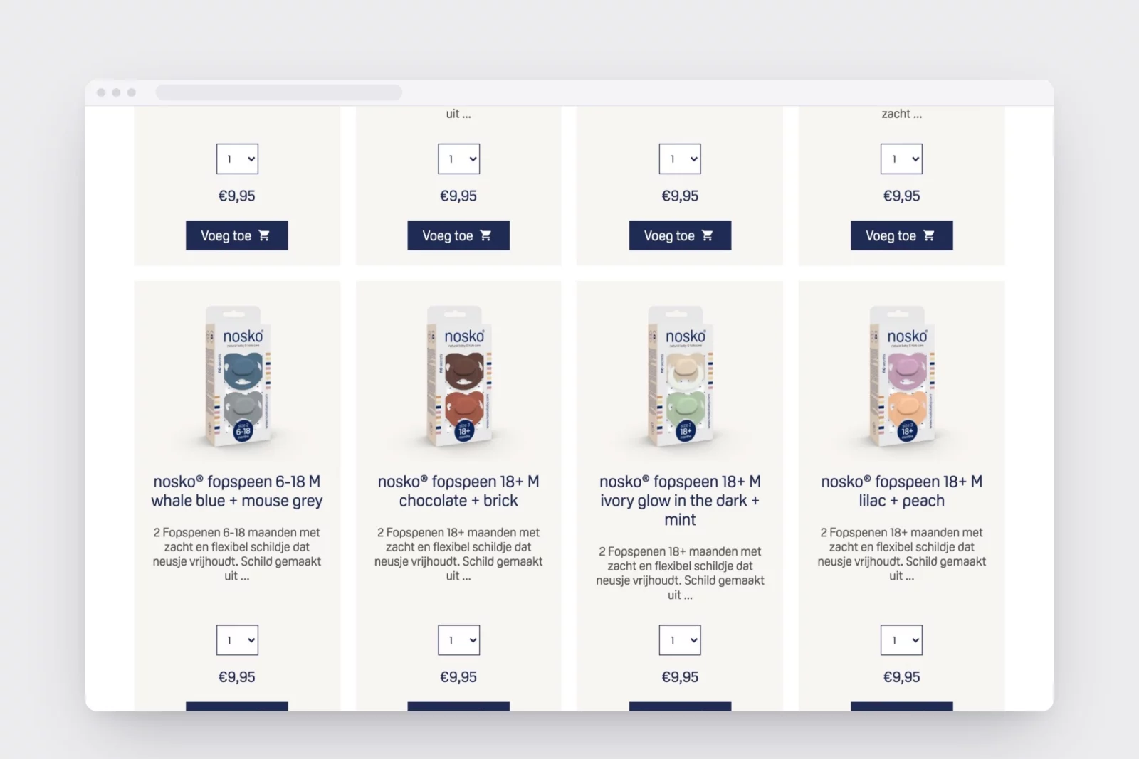 Fopspenen in verschillende kleuren in de nosko-webshop uit 2021