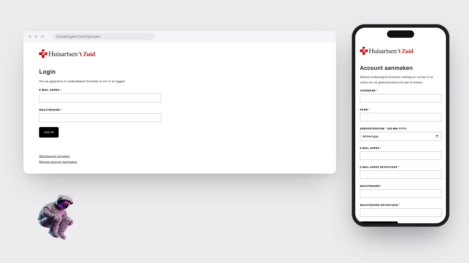 The login page of huisartsgent.be/afspraak in a browser window, next to the account creation form on a phone