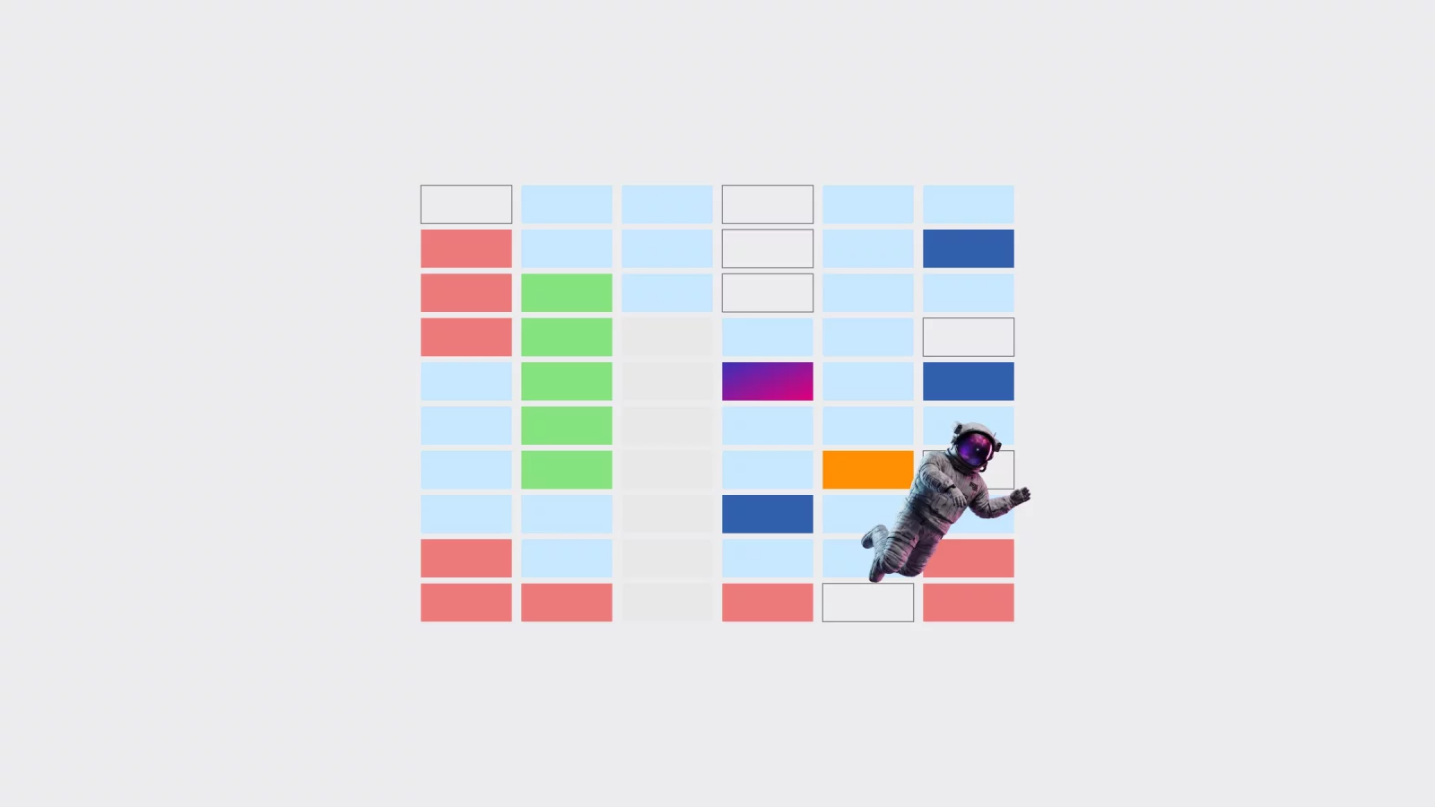 A grid of quarter-hour blocks in green, red, light blue, orange and dark blue, with an astronaut floating in between