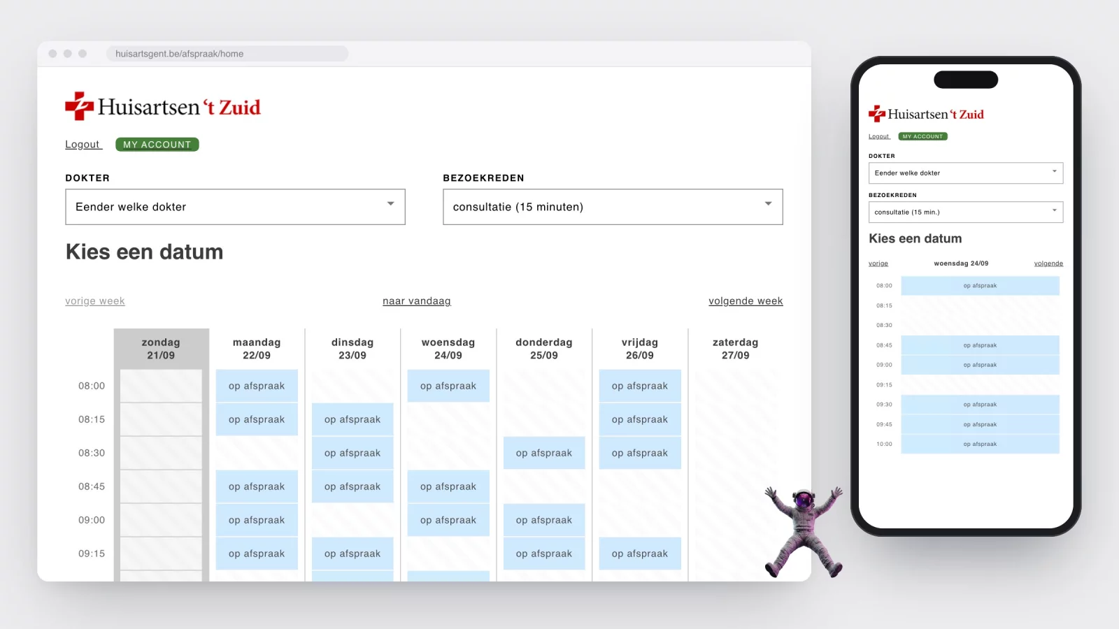 Reconstructed screen of the appointment module with the Doctor and Reason dropdowns and a weekly grid of free quarter-hour slots, in a browser and on a phone