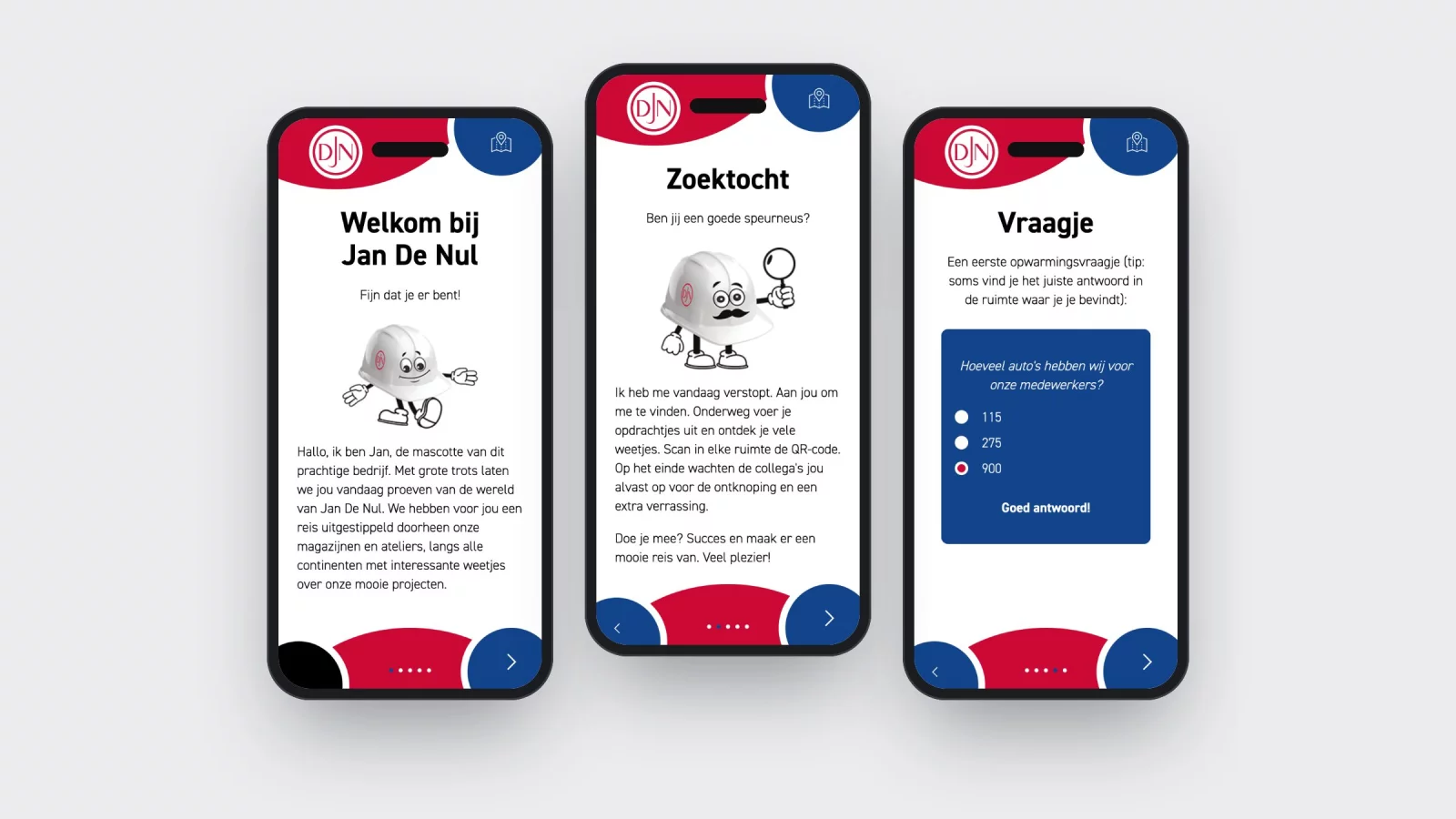 Drie schermen van de speurtocht: welkom, Jan met een vergrootglas en een eerste vraag met het juiste antwoord