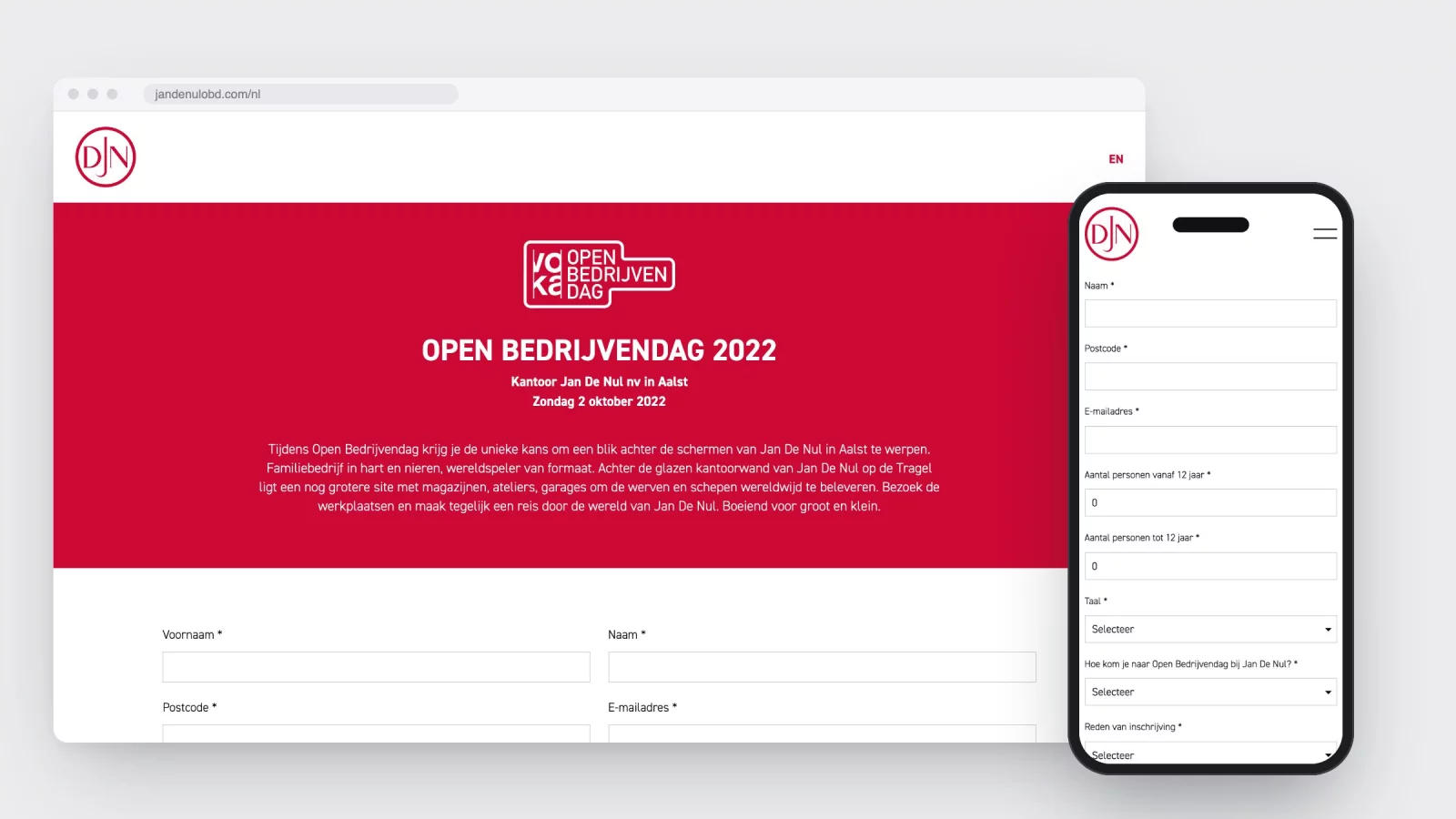 De inschrijvingssite voor de Open Bedrijvendag bij Jan De Nul op desktop, met het formulier op een gsm