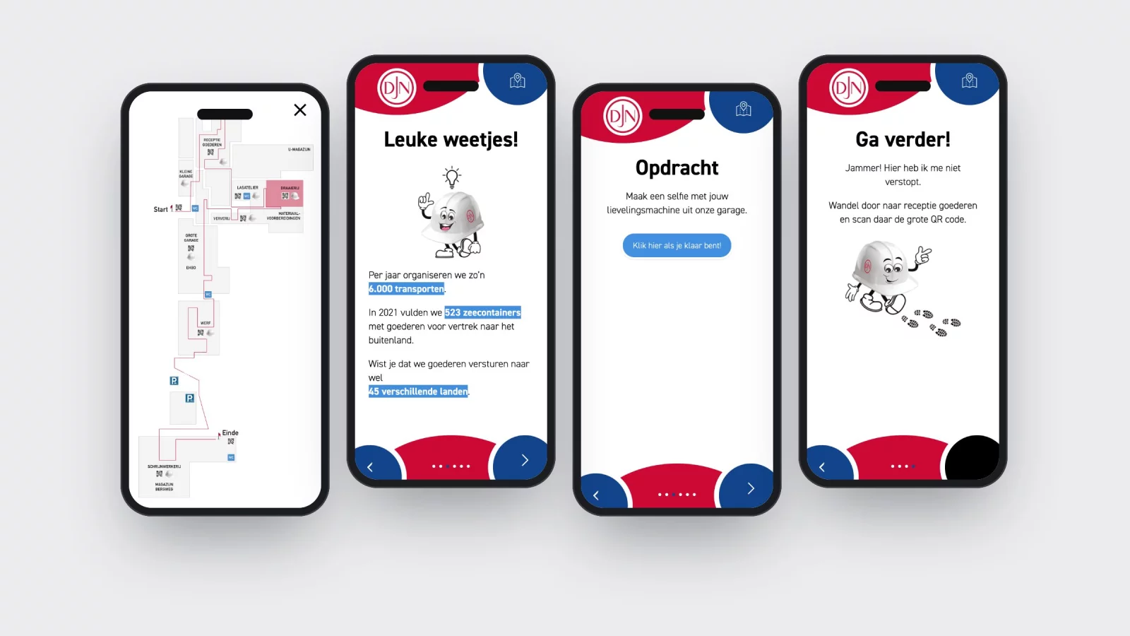Vier schermen onderweg: het plannetje met de route, weetjes met cijfers, een selfie-opdracht en Jan die verder wandelt