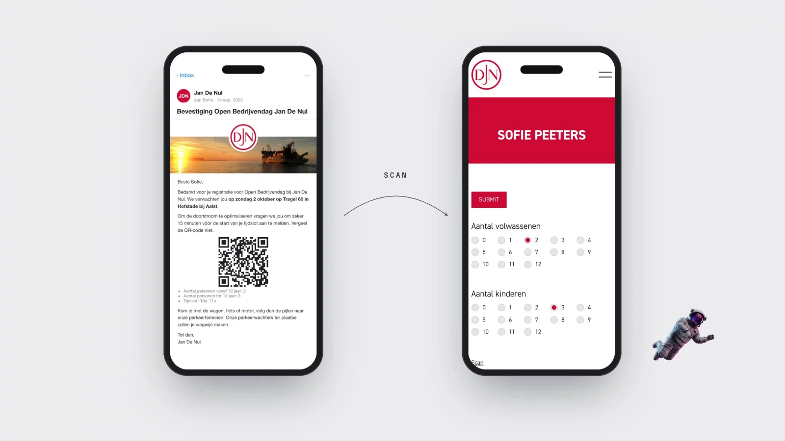 Een bevestigingsmail met QR-code op een gsm, en het check-inscherm waarop een medewerker het aantal volwassenen en kinderen aanduidt
