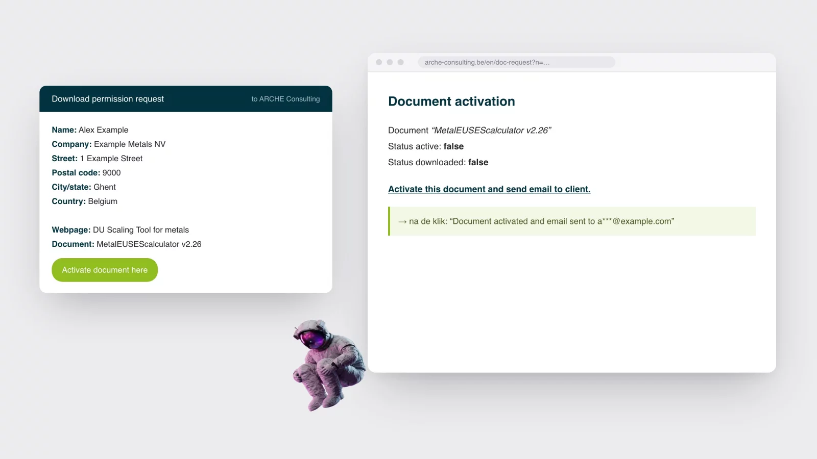 Nagebouwd: de melding die ARCHE per mail krijgt bij een downloadaanvraag, naast het scherm waarop een medewerker het document activeert