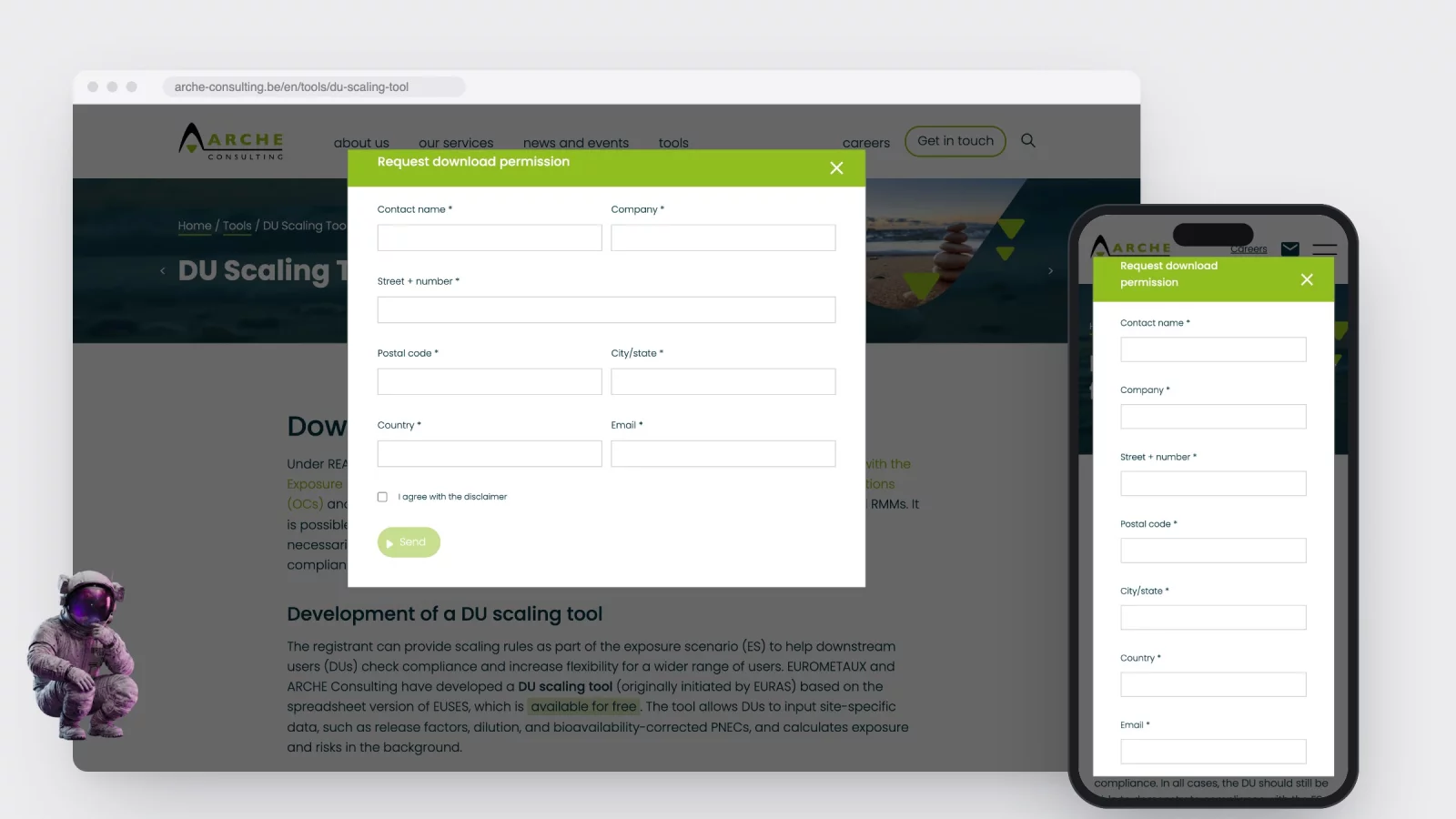 Het formulier Request download permission op de pagina van de DU Scaling Tool, in een browservenster en op een gsm