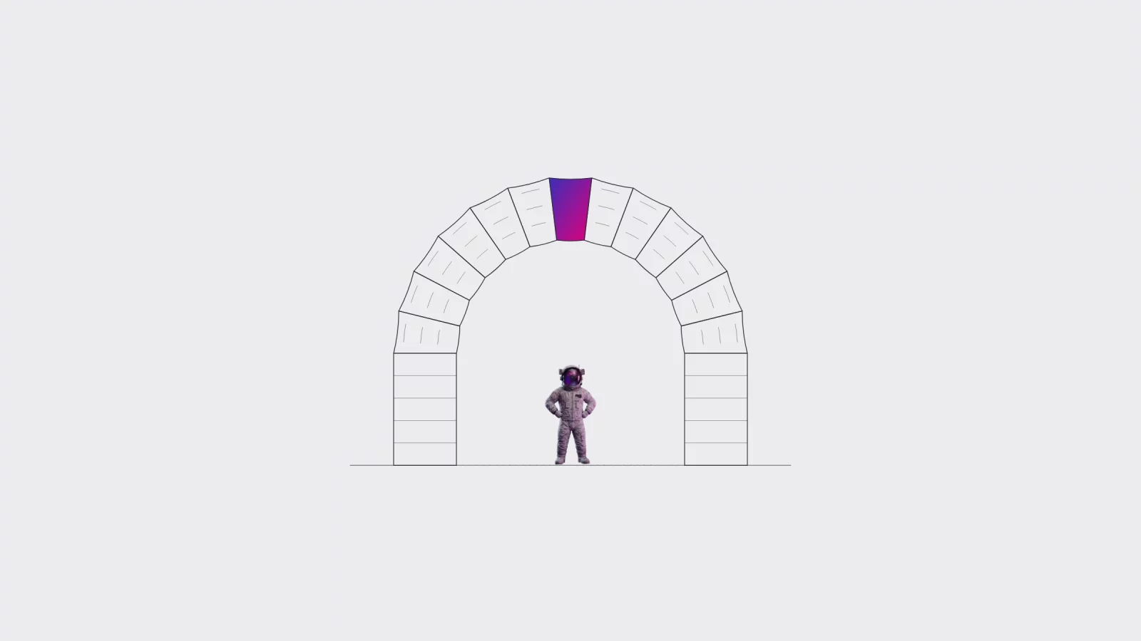 Schema: een rondboog opgebouwd uit documentbladen, met de sluitsteen in een kleurverloop en een kleine astronaut eronder