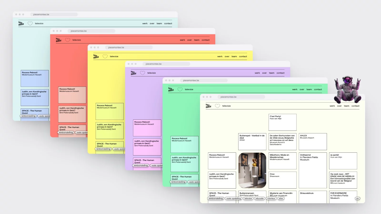 Zes browservensters met de homepage van Pi&egrave;ce Mont&eacute;e in zes kleurenpaletten, met een astronaut die op het laatste venster zit