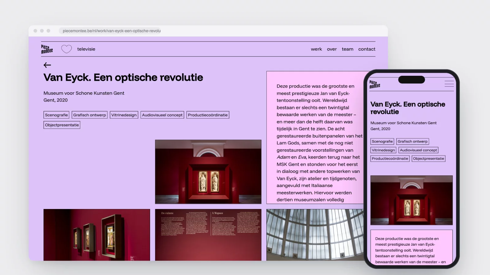 De projectpagina van Van Eyck. Een optische revolutie op desktop en gsm, in lila, met labels, een tekstvak en foto&rsquo;s van de tentoonstelling