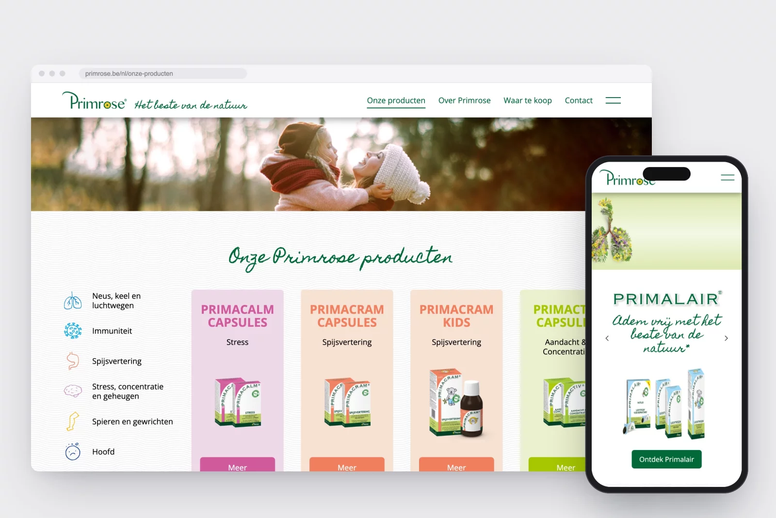 Het productoverzicht van primrose.be met filters per klacht, en de homepage op een gsm