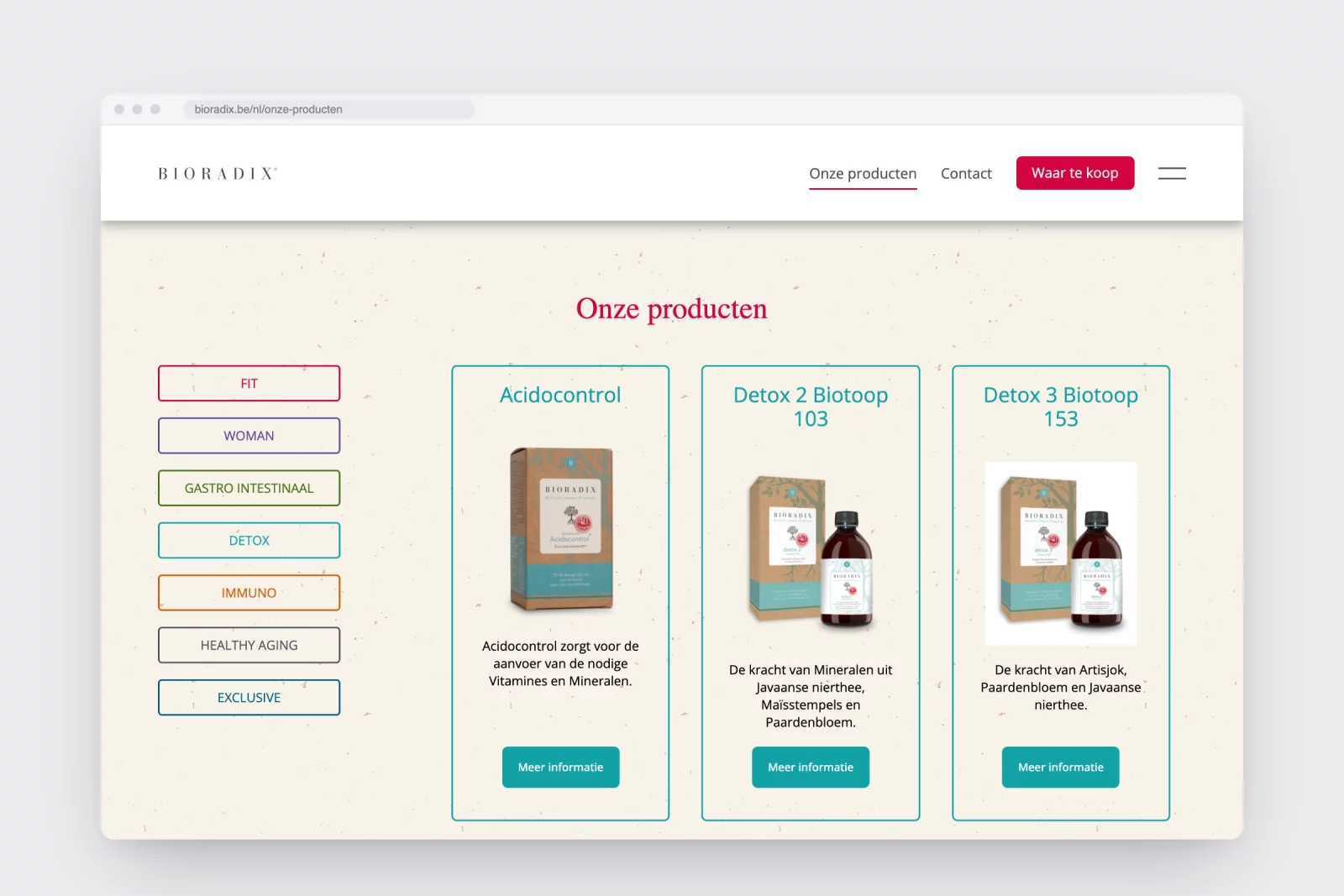 Het productoverzicht van bioradix.be met gekleurde categoriefilters
