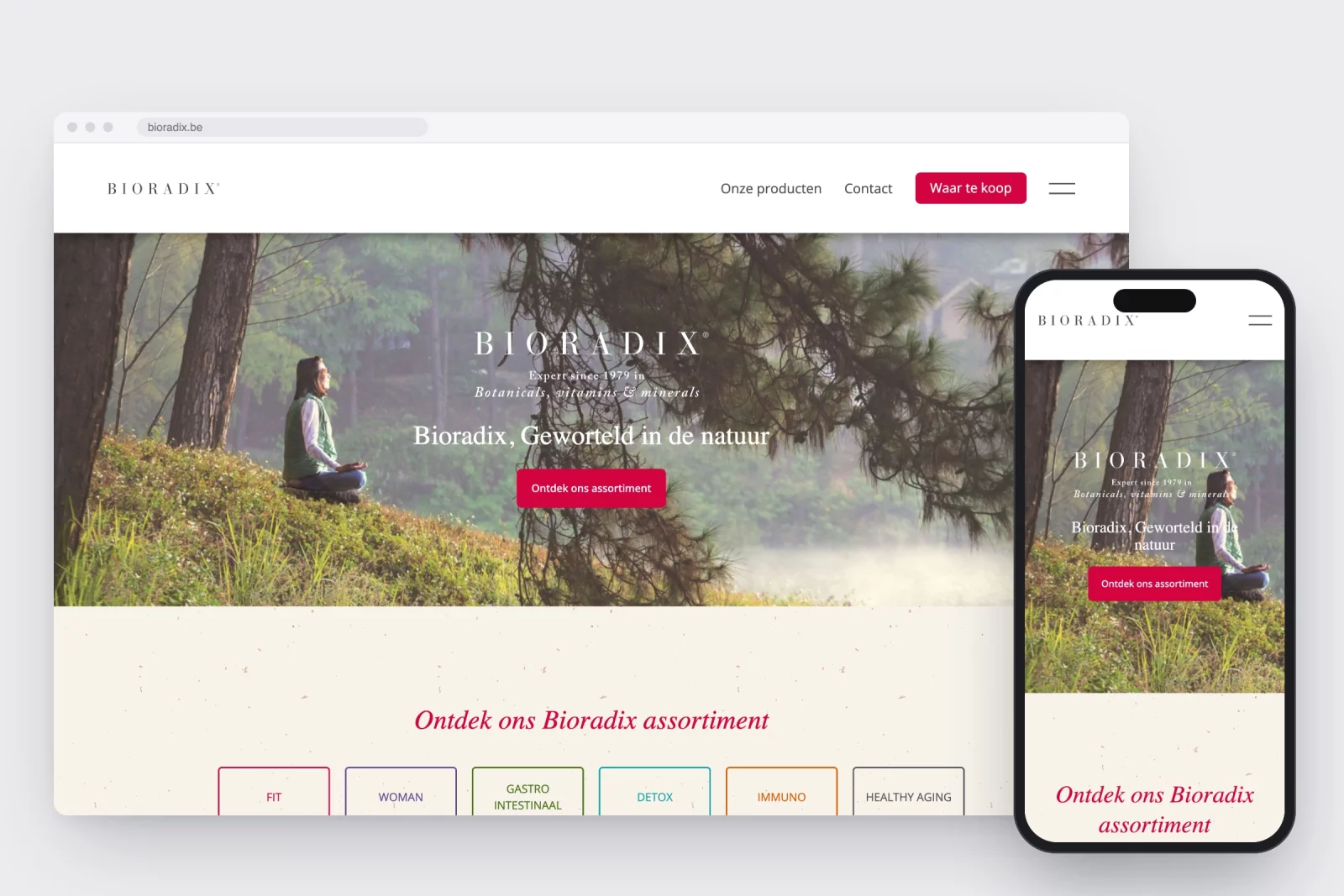 De homepage van bioradix.be op desktop en op een gsm