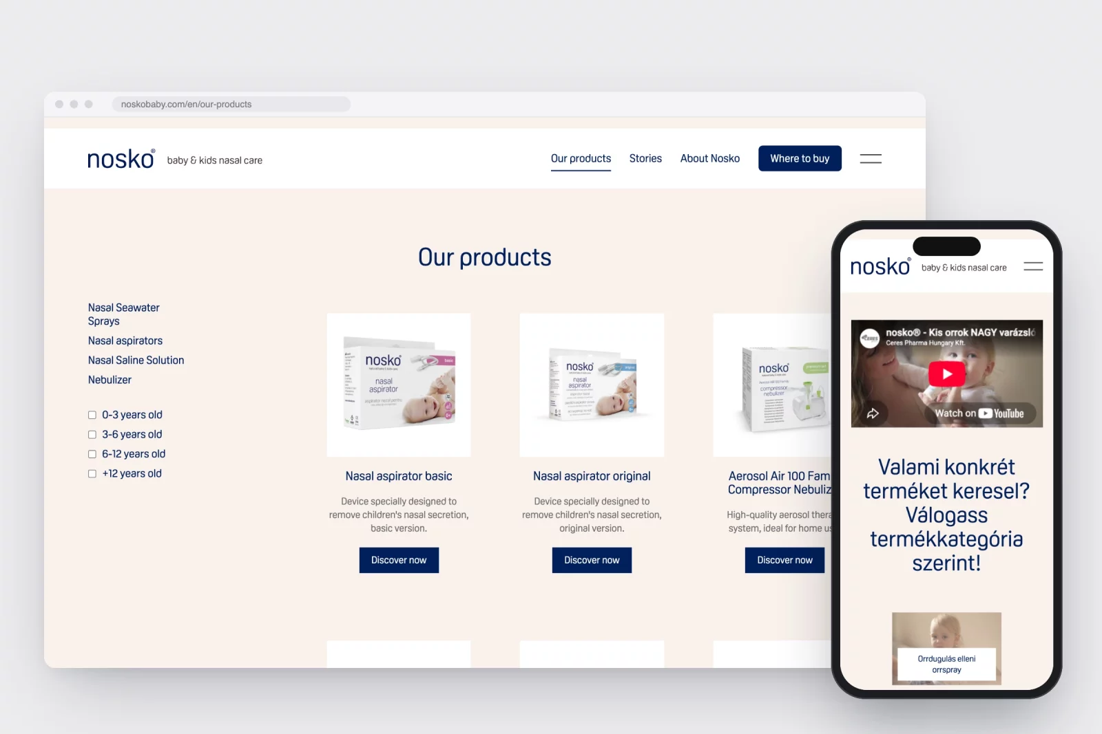 Het productoverzicht van noskobaby.com met filters per categorie en leeftijd, en de homepage in het Hongaars op een gsm