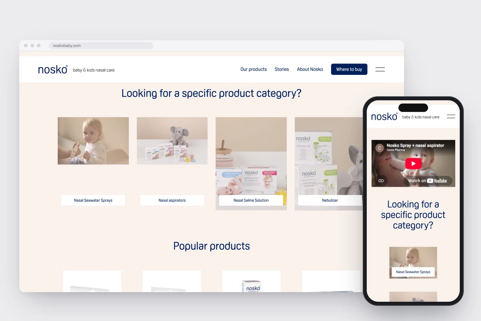 De homepage van noskobaby.com met productcategorie&euml;n op desktop en op een gsm