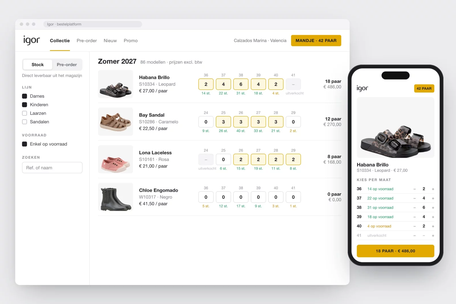 Het bestelplatform van Igor: modellen met een invulvak per maat en de voorraad eronder, en een productpagina op een gsm