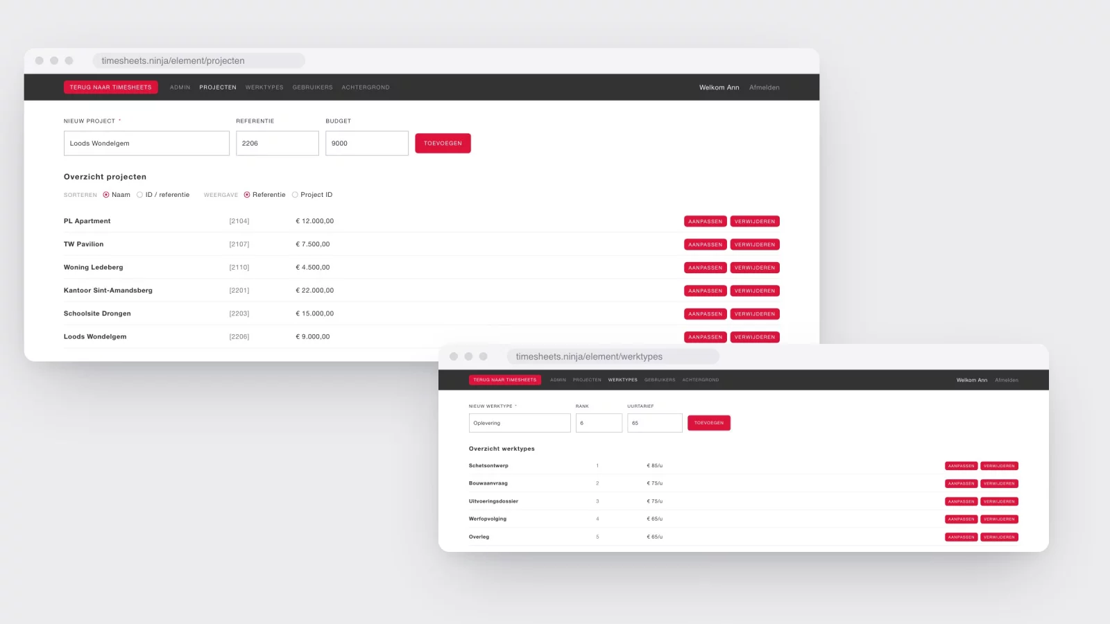 Nagebouwde beheerschermen van Timesheets Ninja: een lijst projecten met budget en een lijst werktypes met rank en uurtarief