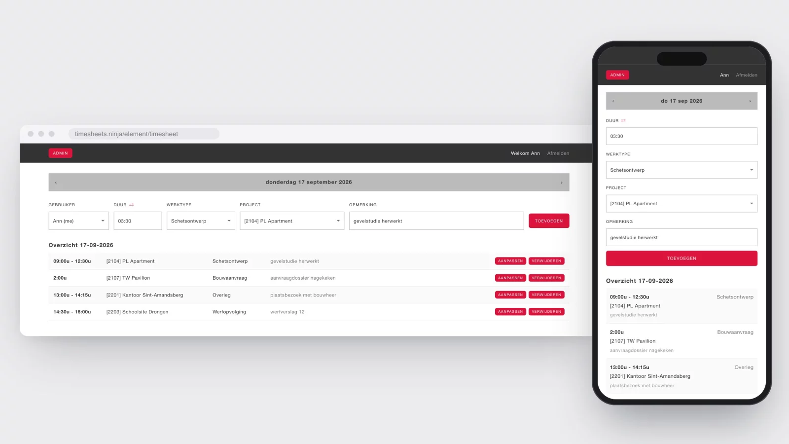 Nagebouwde dagregistratie van Timesheets Ninja op desktop en gsm: datumbalk, invoerrij met duur, werktype, project en opmerking, en het overzicht van de dag