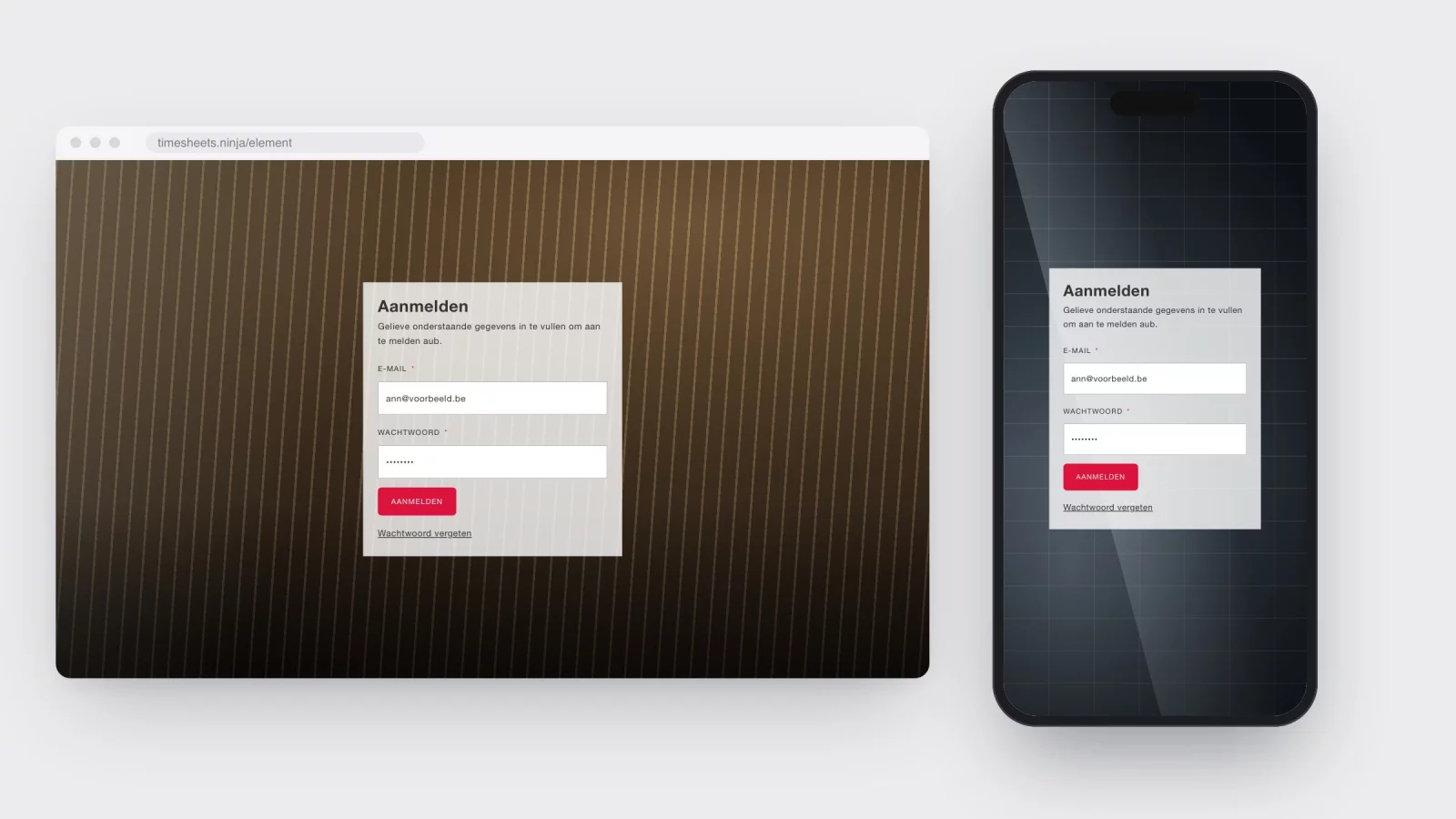 Nagebouwd aanmeldscherm van Timesheets Ninja in een browservenster en op een gsm, met een wit kaartje op een donkere achtergrond