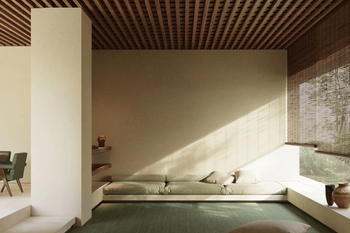 Interior by Element Architecten: a slatted timber ceiling, a low bench under a diagonal stripe of sunlight and a window with a roller blind