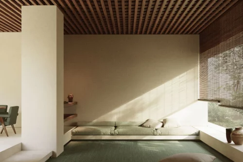 Interior by Element Architecten: a slatted timber ceiling, a low bench under a diagonal stripe of sunlight and a window with a roller blind