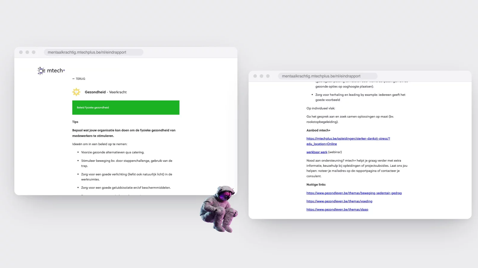 Twee browservensters met de detailpagina van &eacute;&eacute;n stelling: bovenaan tips en hulpbronnen, verderop het aanbod van mtech+ en nuttige links