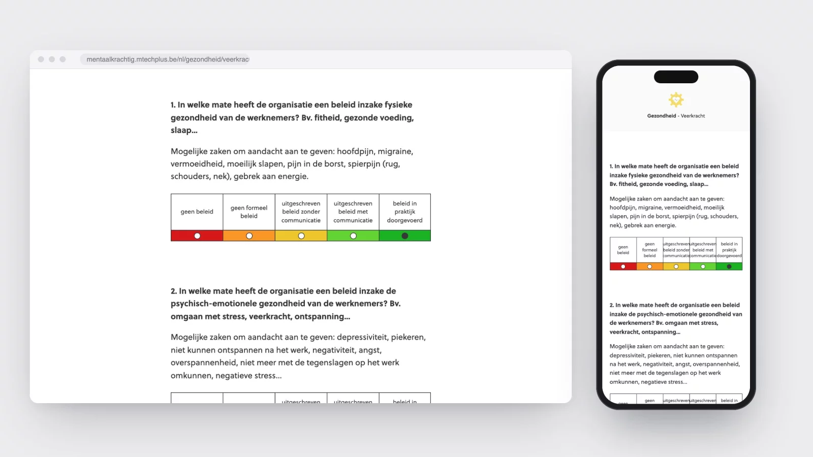 Een vragenscherm van Mentaal krachtig op desktop en gsm, met per stelling vijf gekleurde blokjes van rood naar groen en hun labels erboven