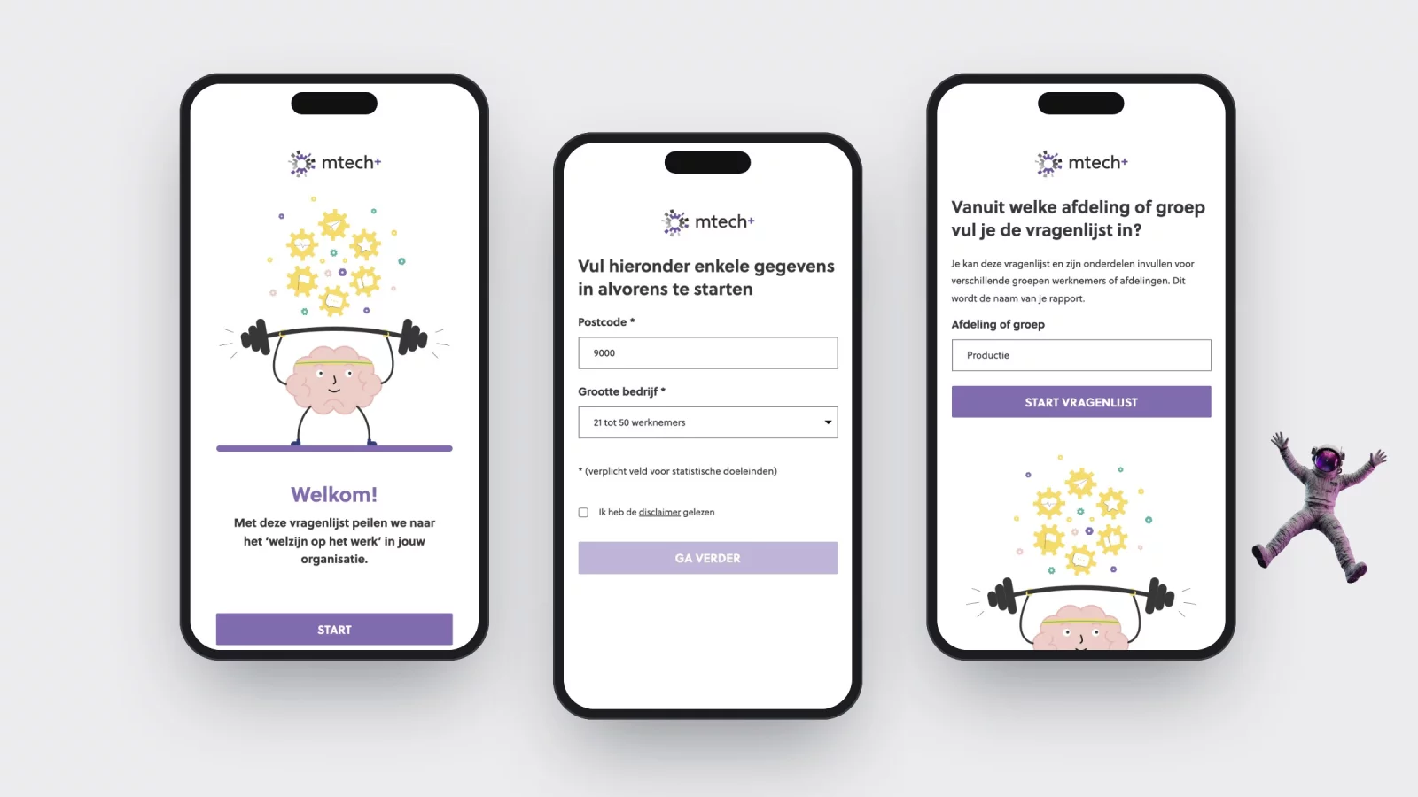 Drie gsm-schermen van de vragenlijst: het welkomscherm met de startknop, het scherm met postcode en bedrijfsgrootte, en het scherm waar je de afdeling invult