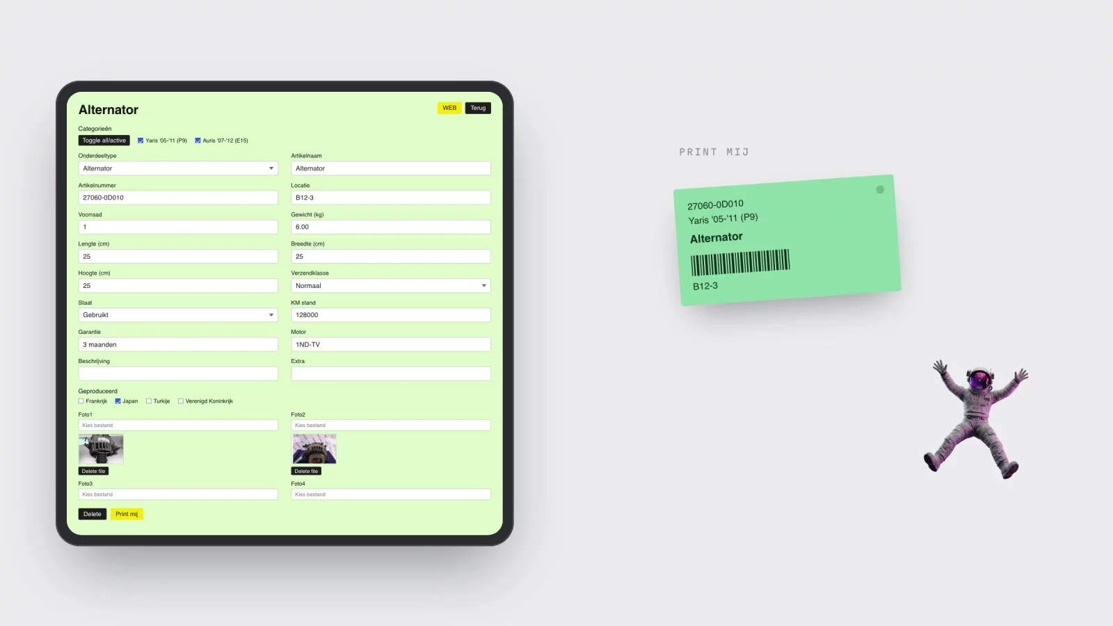 Rebuilt input screen of the warehouse app on a tablet: a light green screen with fields for article number, location, stock, weight, condition, mileage and warranty, two part photos and a yellow Print me button