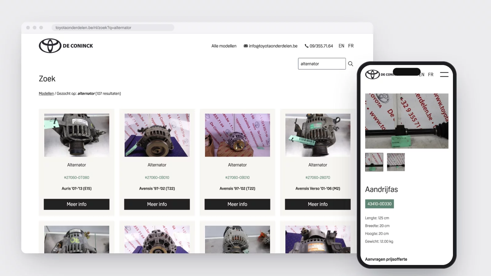 A browser window with the search results for alternator on toyotaonderdelen.be, showing photos, article numbers and models, next to a phone with a product page