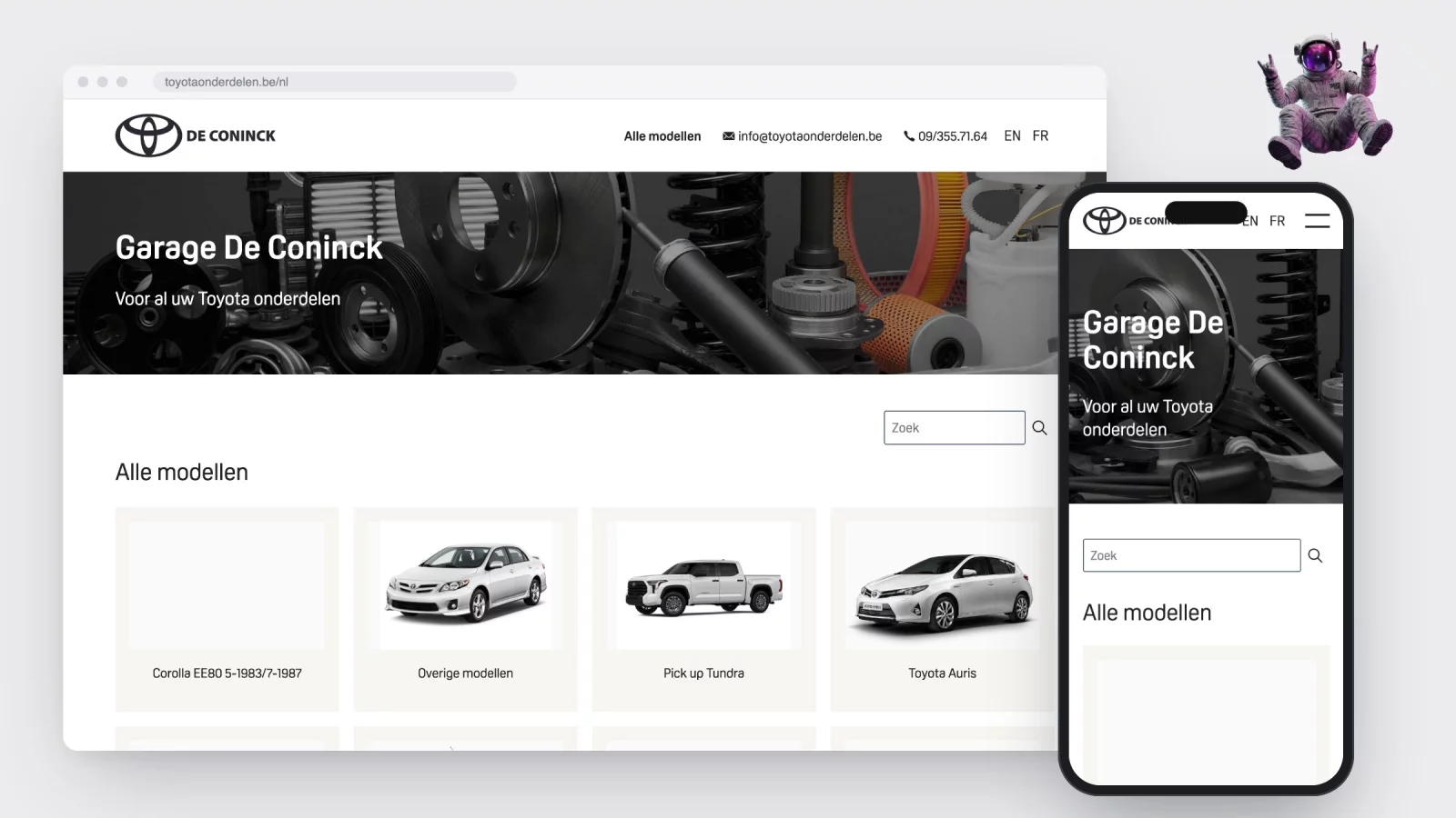 The homepage of toyotaonderdelen.be in a browser window, with the Garage De Coninck banner and a grid of Toyota models, and the same page on a phone