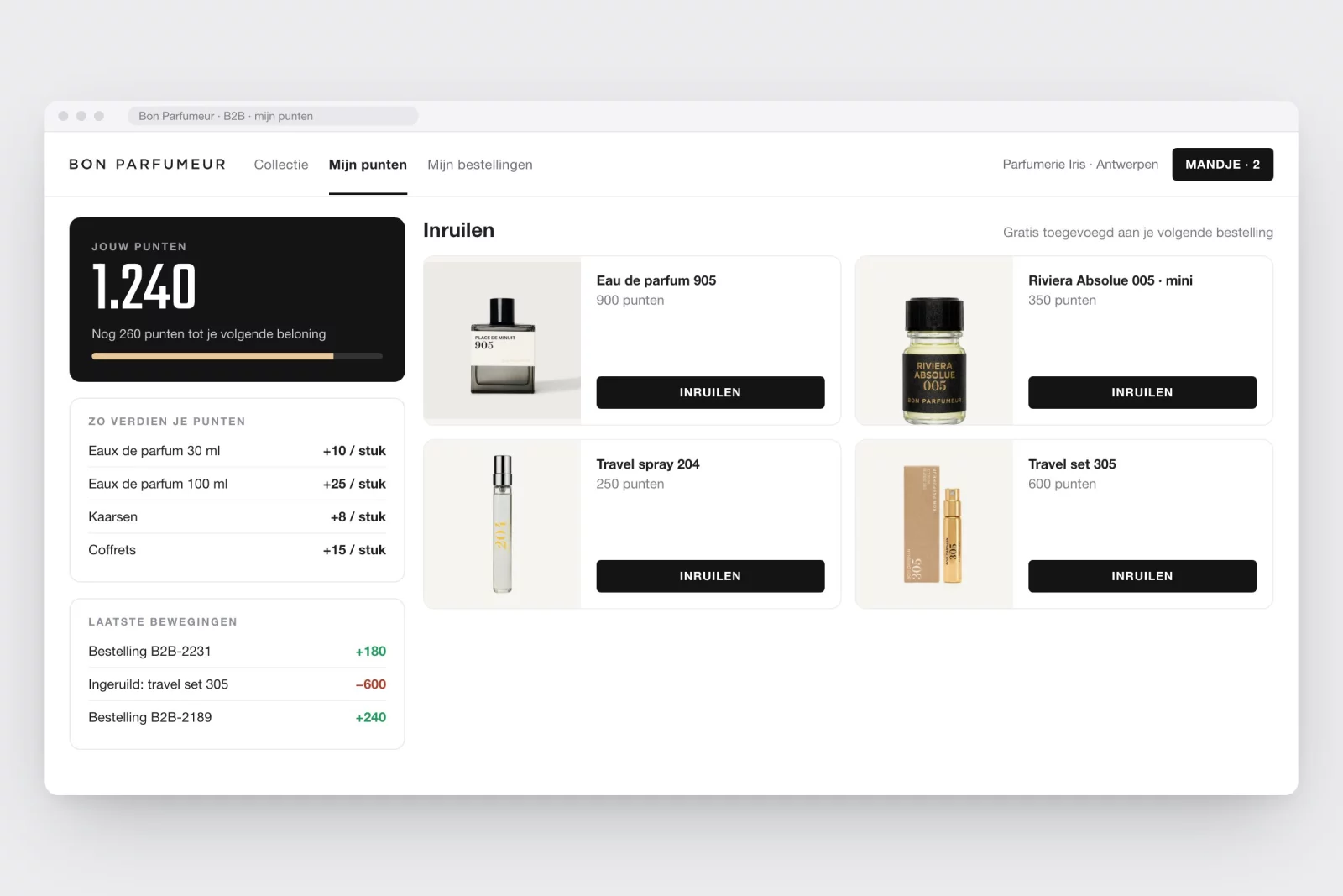 De puntenpagina in de shop van Bon Parfumeur met saldo, regels en beloningen om in te ruilen